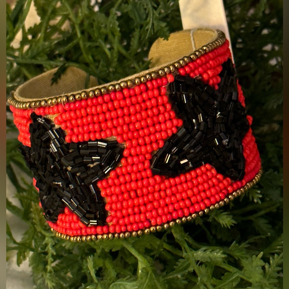 Red/Black Star Seed Bead Game Day Cuff Bracelet